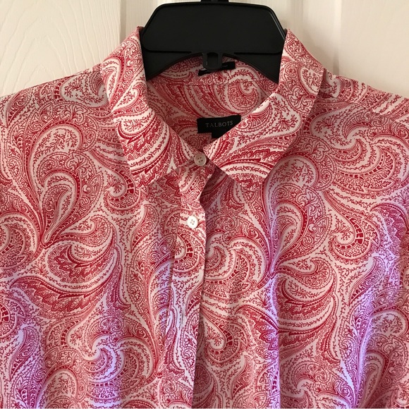 Talbots blouse size 16 button down red and white paisley cotton spandex - Picture 2 of 7
